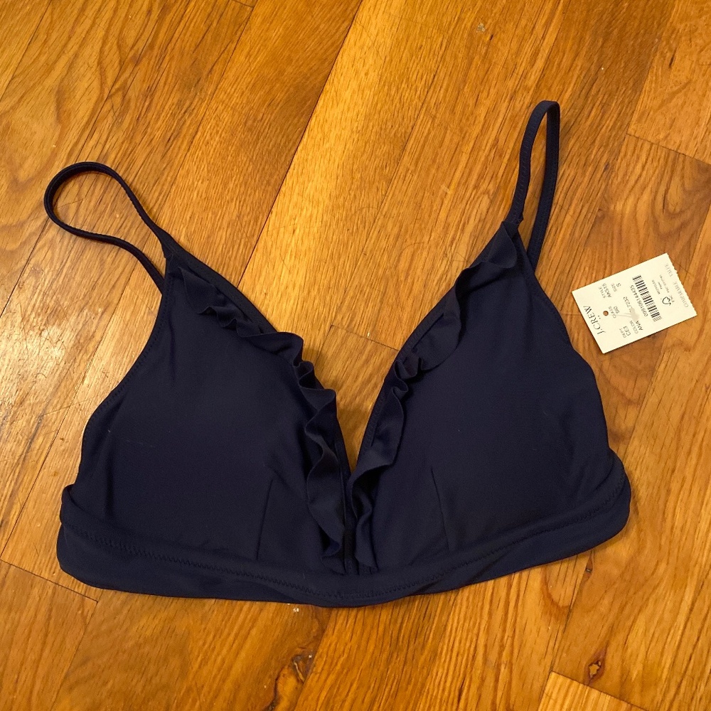 NWT- J Crew Navy Ruffle Bikiki Top